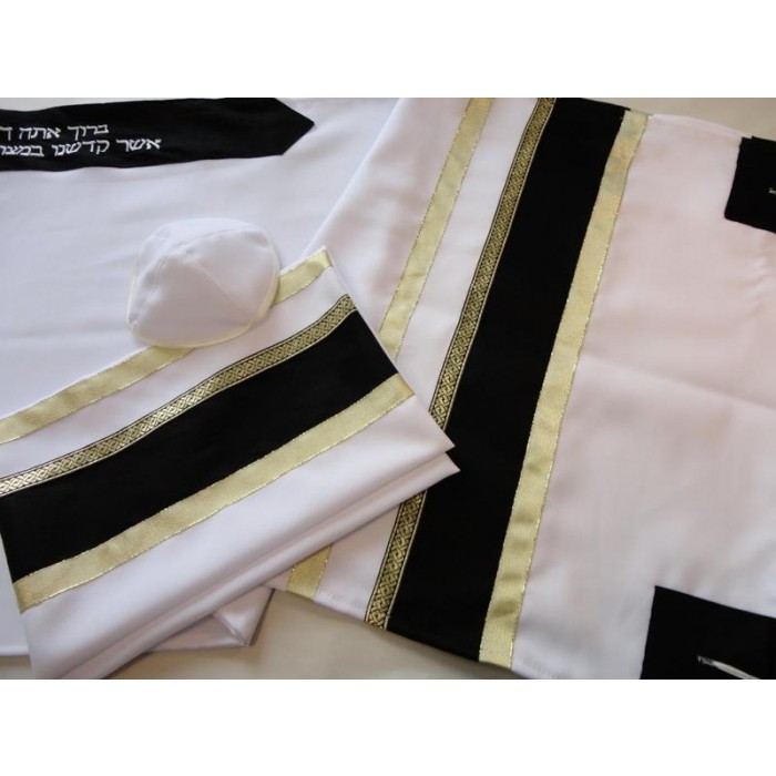 Tallit in White & Black with Gold Pattern by Galilee Silks
