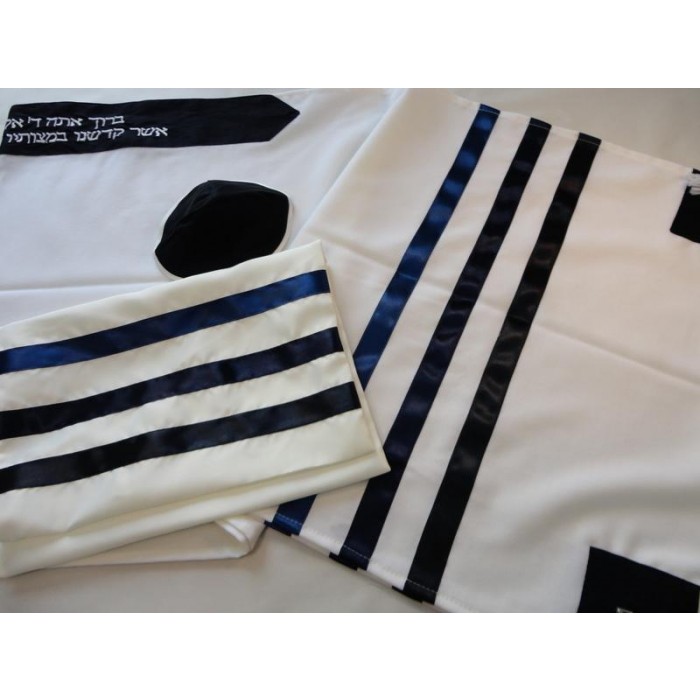 Tallit in White with Navy Stripes by Galilee Silks