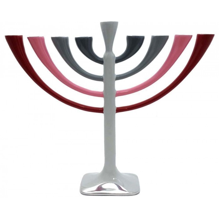Hanukkah Menorah with Enamel Coating in Red, Pink and Gray