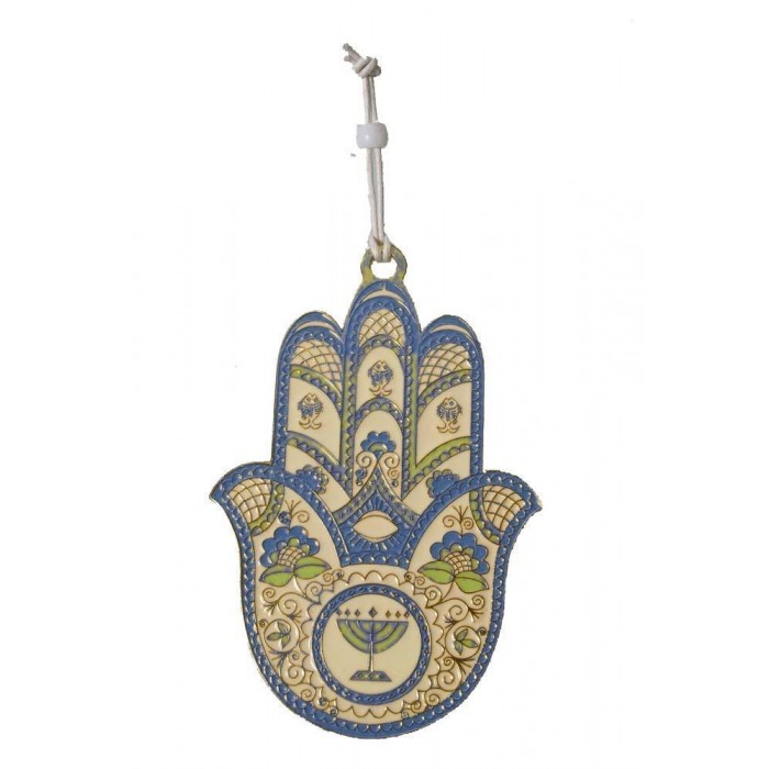 Hamsa with Menorah in Gray and Beige Plated in Gold