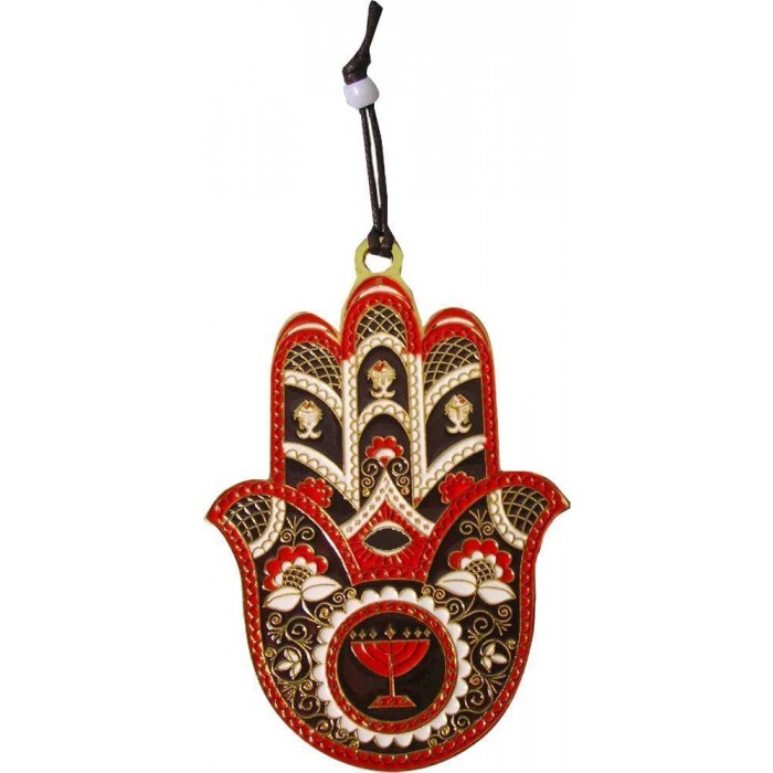 Hamsa with Menorah in Red and Brown Plated in Gold