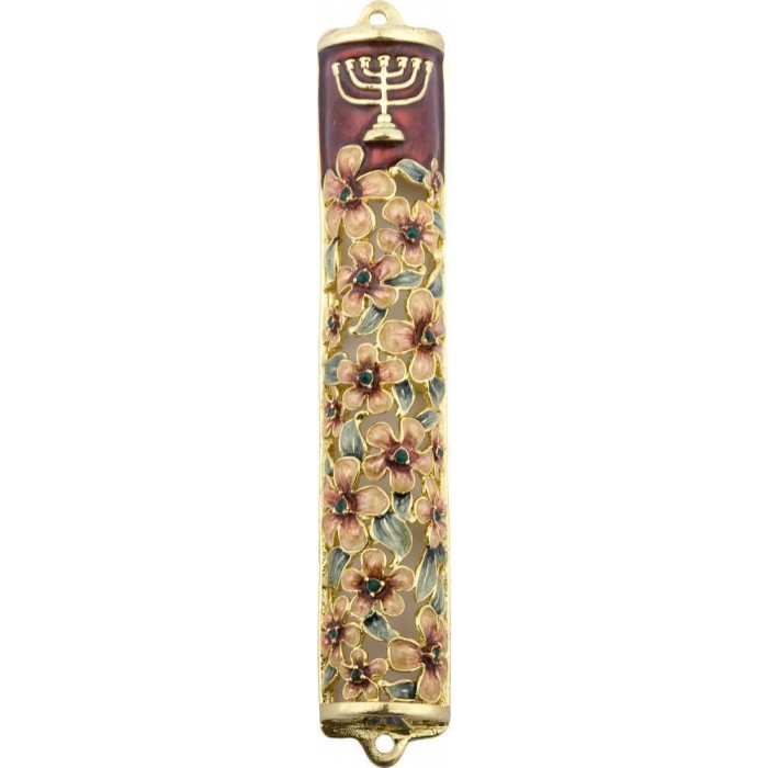 Mezuzah with Flowers and Menorah in Gold & Pink
