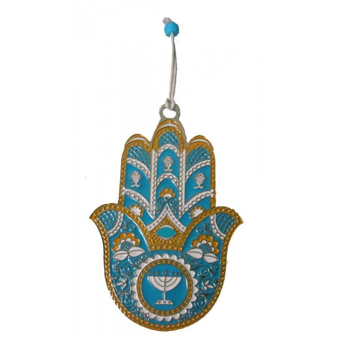 Hamsa in Gold-Plating with Menorah in Blue and Yellow
