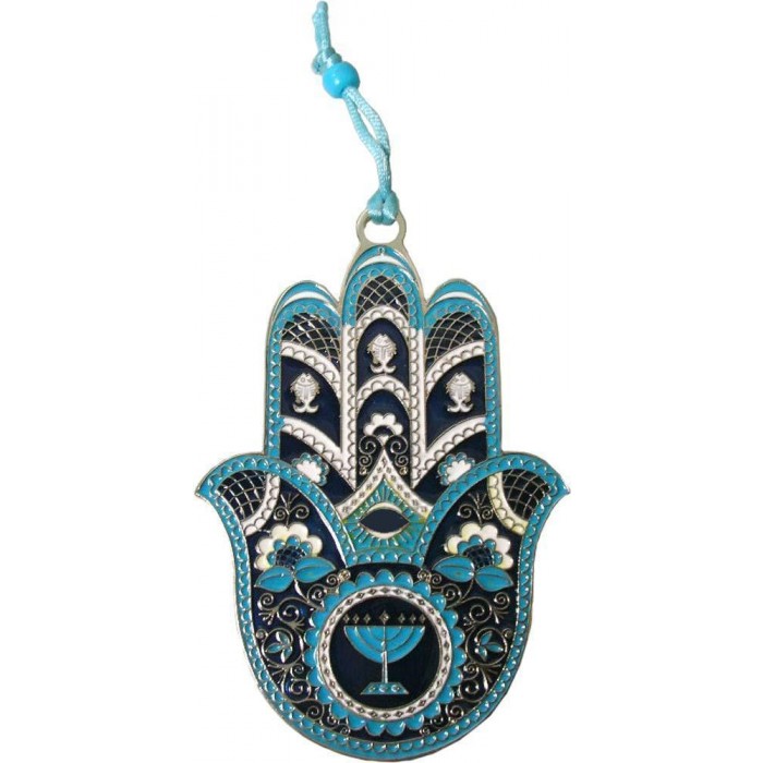 Hamsa in Gold-Plating with Menorah in Blue and Black