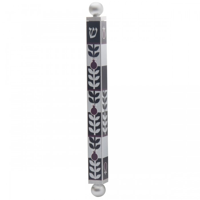 Dorit Judaica Mezuzah Case With Pomegranate Leaves and Shin (Black and Silver)