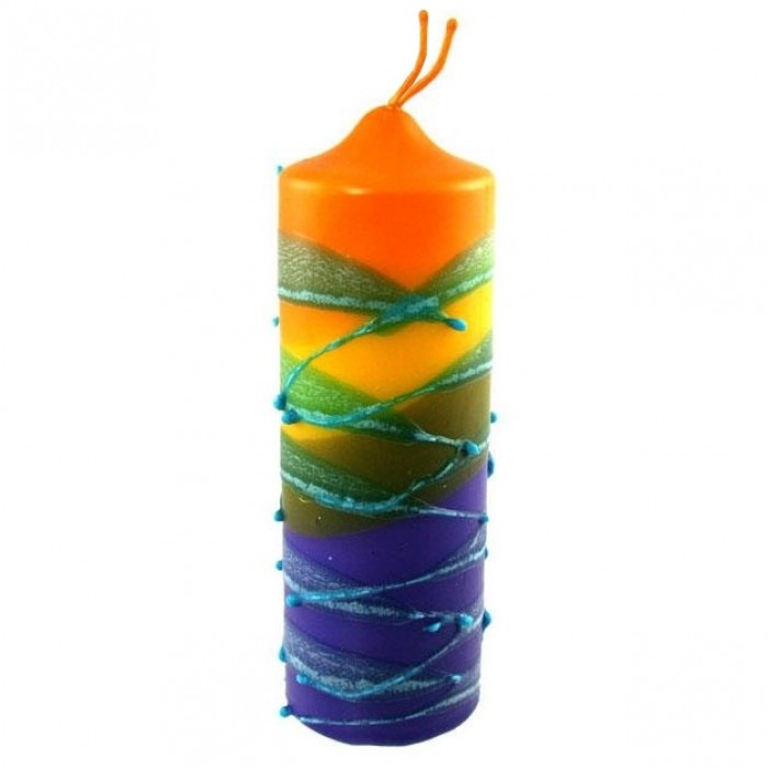 Galilee Style Candles Pillar Havdalah Candle with Red, Blue, Orange and Purple Stripes
