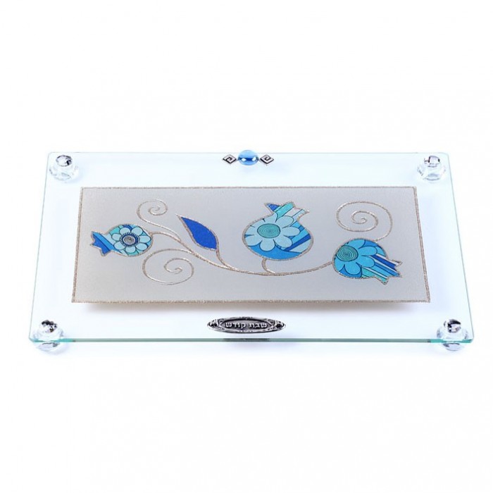 Glass Challah Board with Blue Pomegranates and Flowers and Hebrew Text