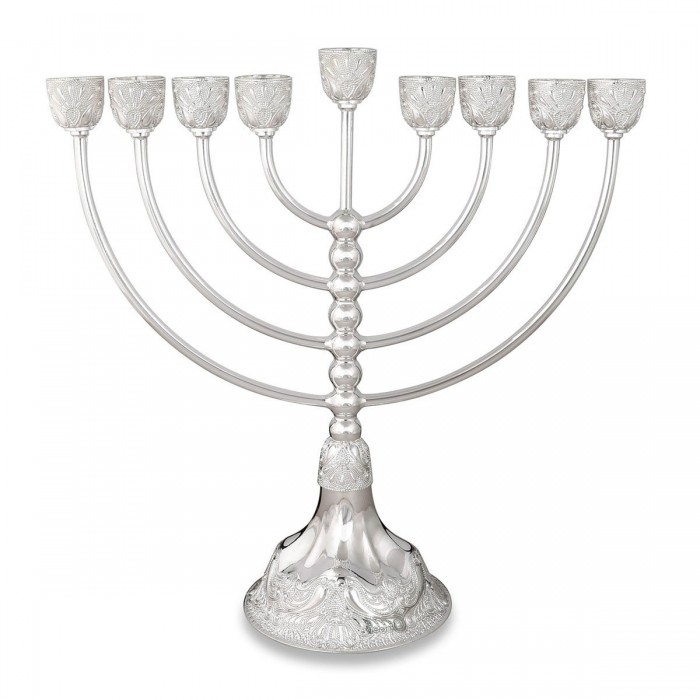 Traditional Silver-Plated Hanukkah Menorah With Filigree Design