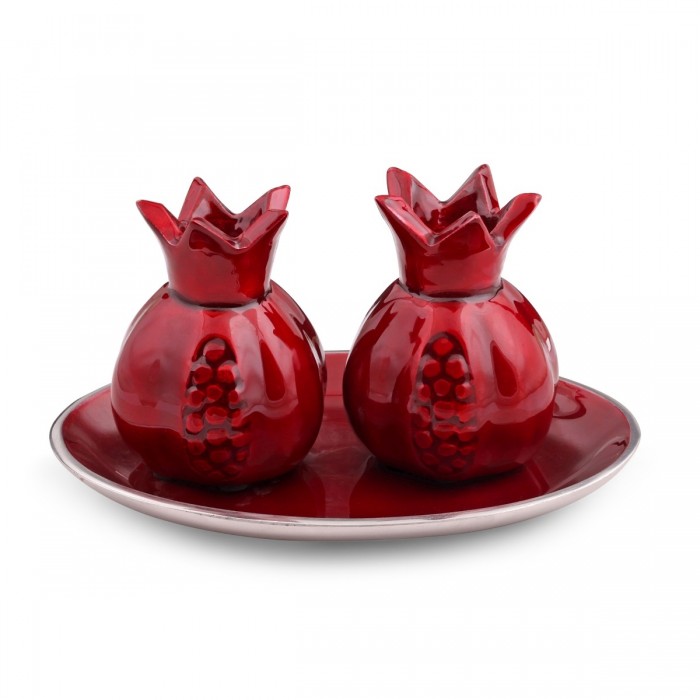 Candlesticks in Dark Red Pomegranate with Tray