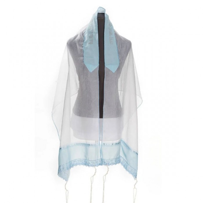 Women’s Tallit with Pale Blue Lace by Galilee Silks
