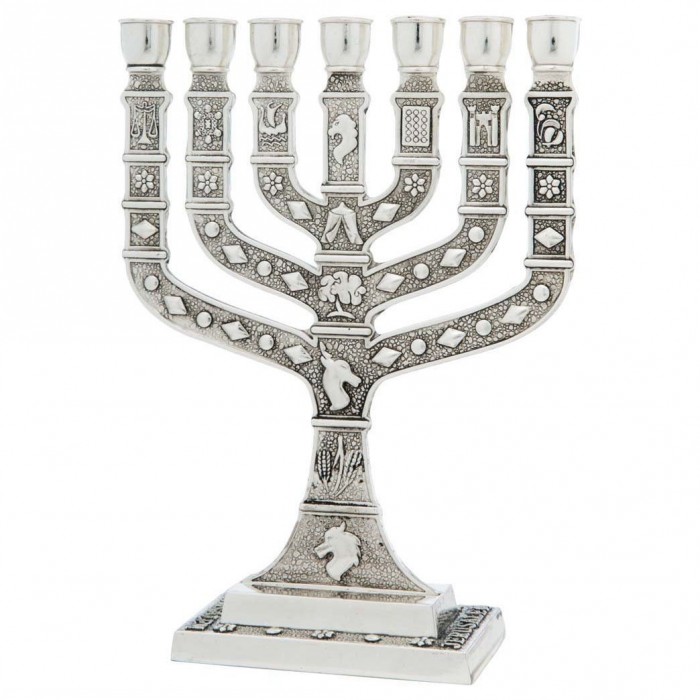 Y. Karshi Silver-Plated Seven-Branched Knesset Menorah With Twelve Tribes