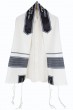Tallit Set in White Viscose with Dark Gray and Black Stripes