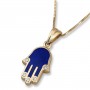 14K Gold Hamsa Pendant with Blue Enamel and Diamonds