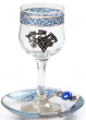 Copa de Kiddush de Vidrio con Diseño Blanco y Azul más Platillo